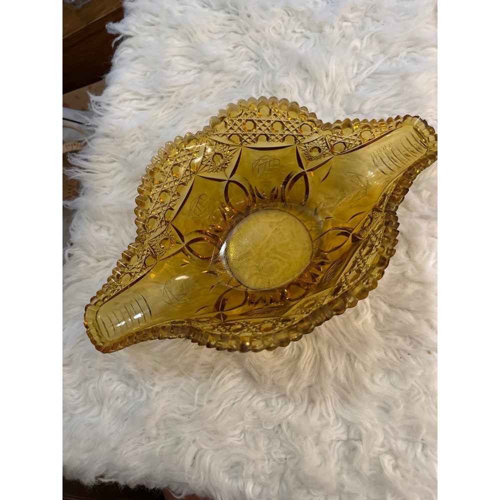 Vintage Amber Pressed Glass Banana Boat Bowl Rose Diamond Point Sawtooth Rim